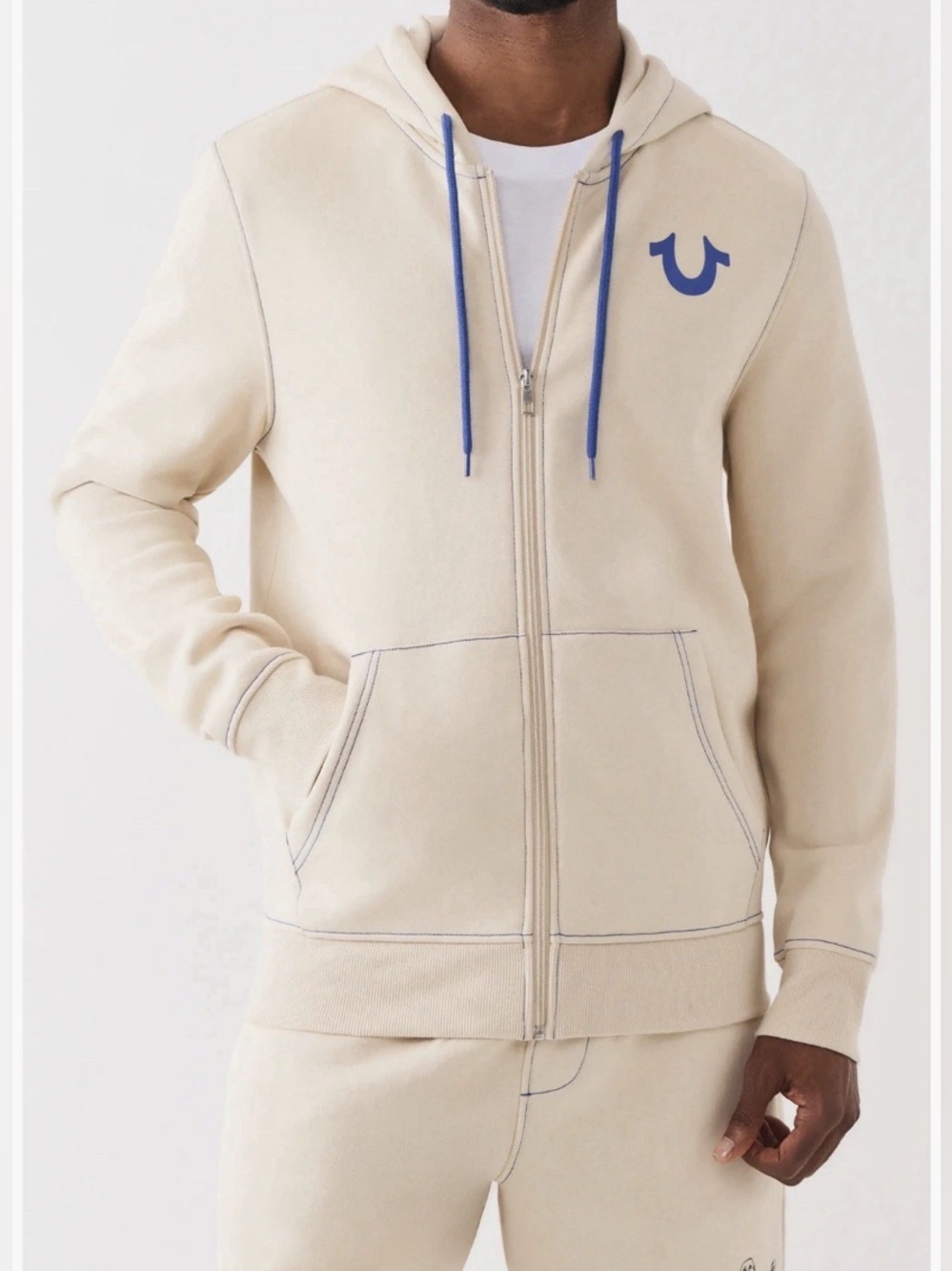 True Religion Men’s M Fog Beige Contrast Zip Hoodie Pockets NWT Buddha Logo $124